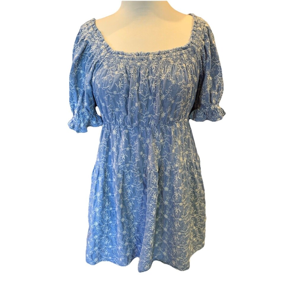 Old Navy Babydoll Mini Dress Denim Chambray Puff Sleeve Lacy Coquette Size Small